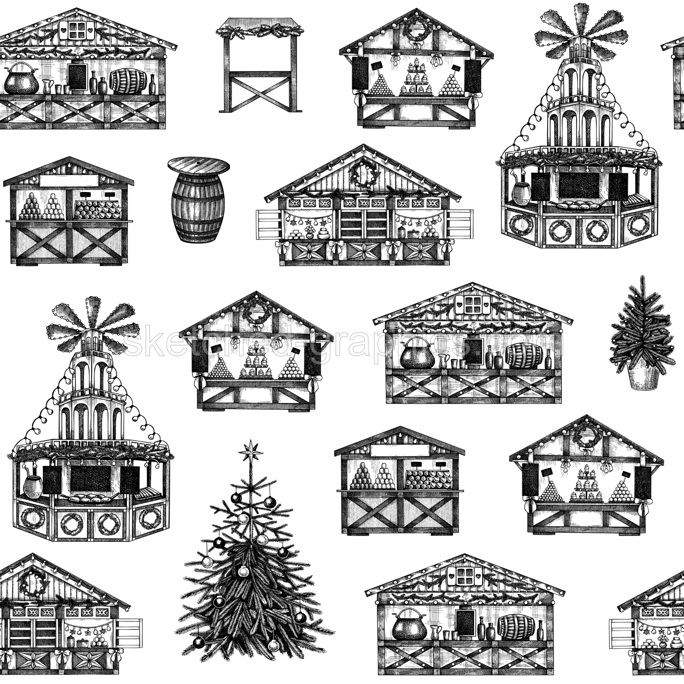 Christmas market stalls background. Hand drawn vector illustration. Winter holiday seamless pattern. Wooden kiosk, Christmas tree, candy shop, bakery, fast food, mulled wine sketches Illustration